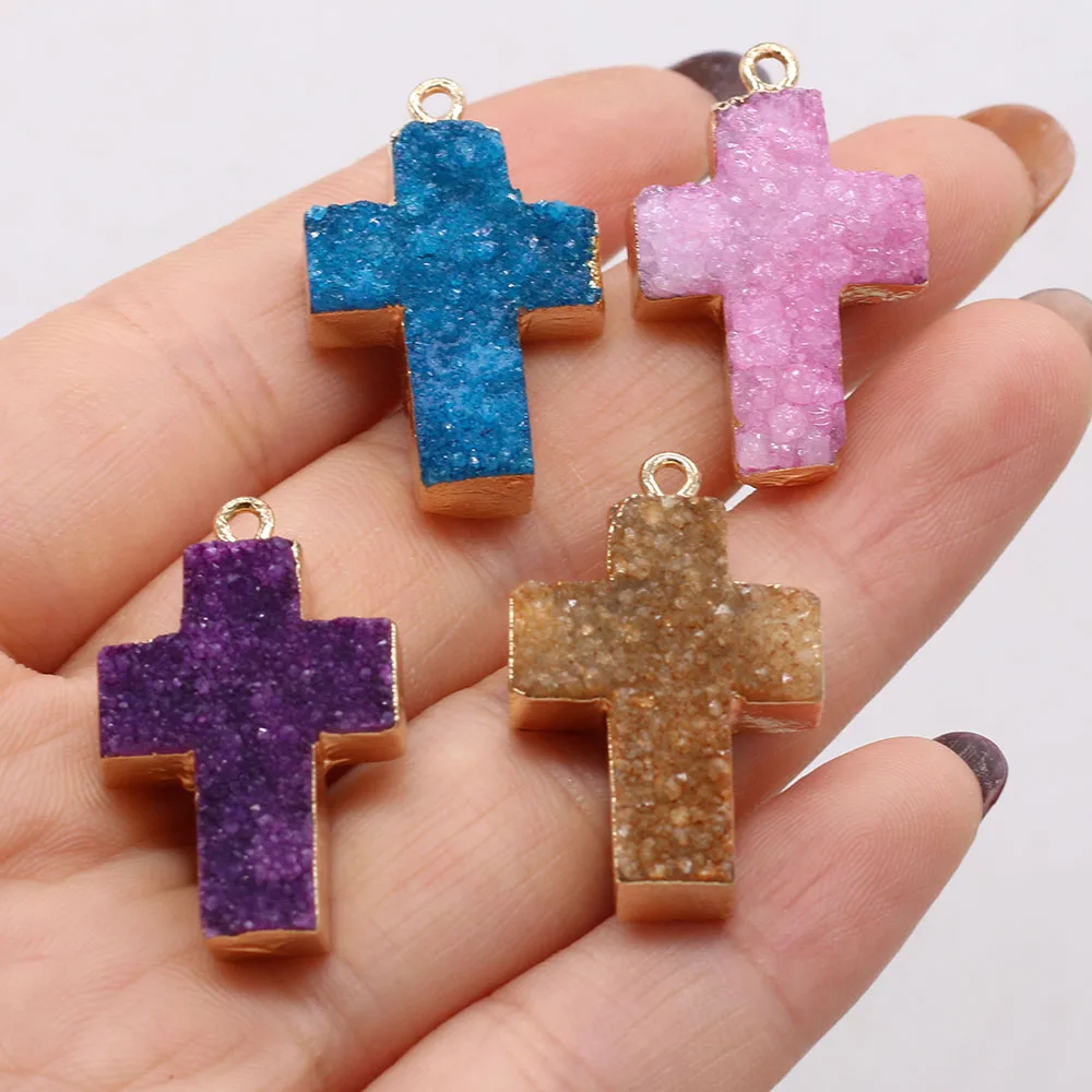 Fashion Natural Stone Quartz Crystal Pendant Crosses Charms DIY Necklace Jewelry Making Gifts For Women Size 18x30mm