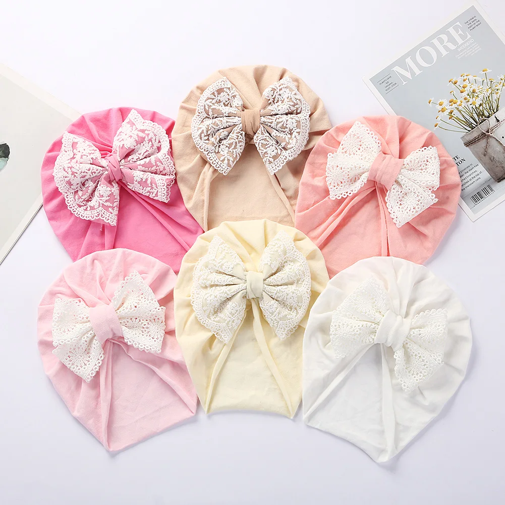 

6Pcs/Lot Lace Bow Turban Baby Hat for Newborn Girls Sweet Embroidery Bonnet Cotton Headwraps Kids Hair Accessories