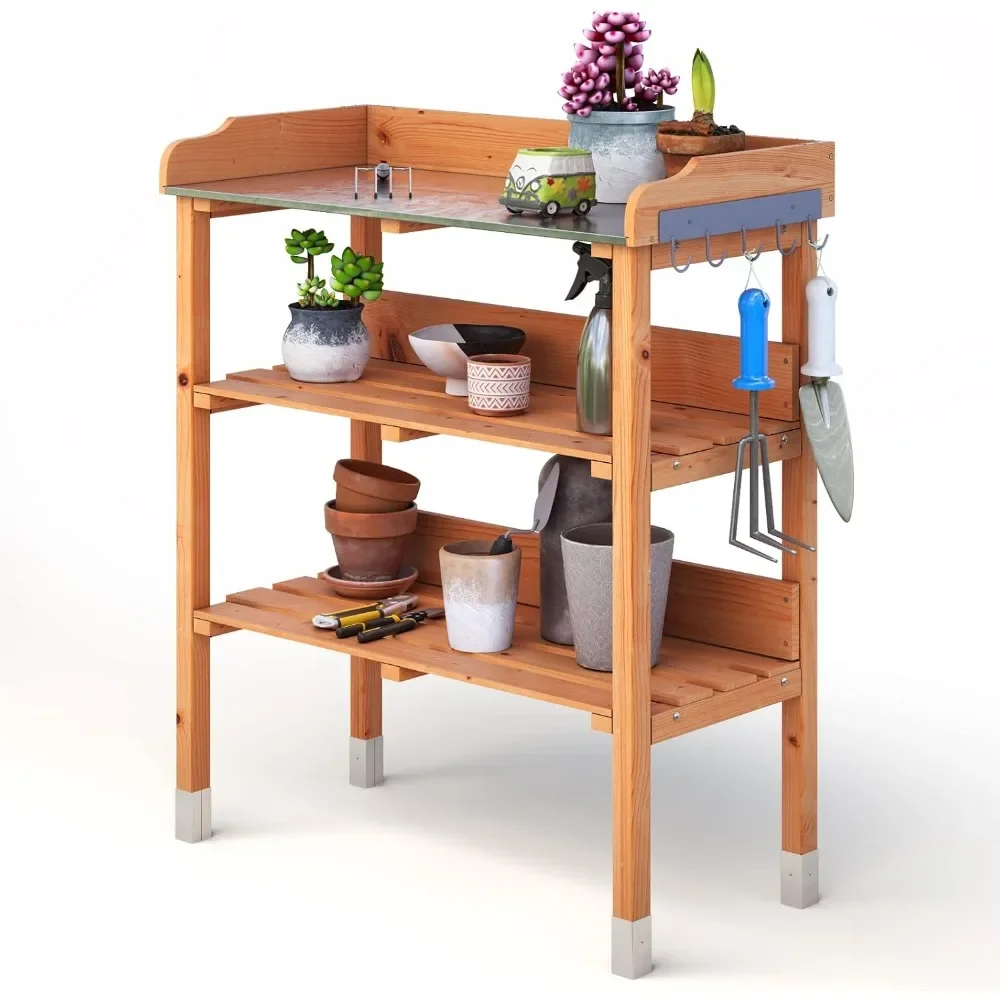 

Potting Bench,Outdoor Potting Bench Table with Sink and Storage Shelves, Wooden Garden Workstation for Gardening Tools, Planting
