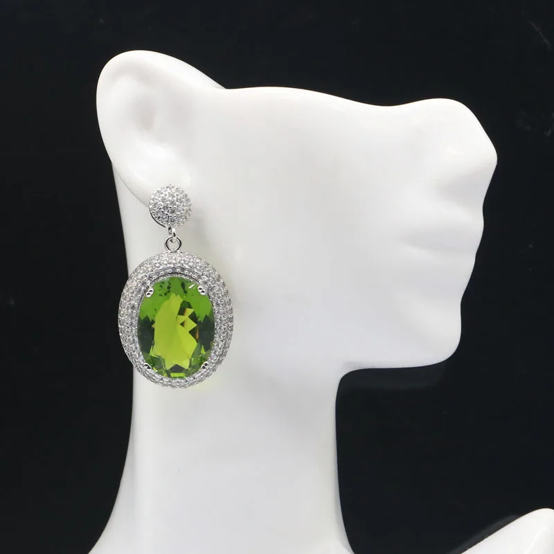 40x22mm Big Oval Gemstone 16.7g Green Peridot London Blue Topaz White CZ For Daily Wear Silver Earrings