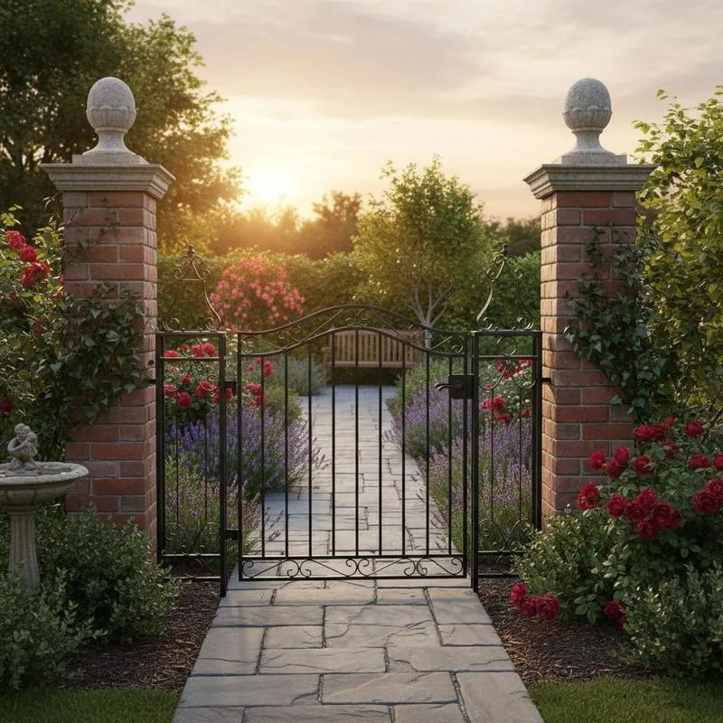 Portail de jardin ornemental 121 x 8 x 180 cm en fer forgé thermolaqué, structure robuste avec système de verrouillage, design classique décoratif, poteaux élégants pour clôture extérieure