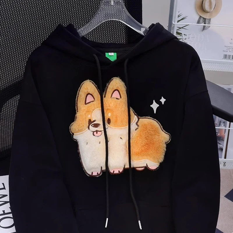 Autumn Winter Cartoon Corgi Dog Embroidery Pullover Women Sweatshirt Hoodie Streetwear Couples Top Clothes Casual Hooded Coat