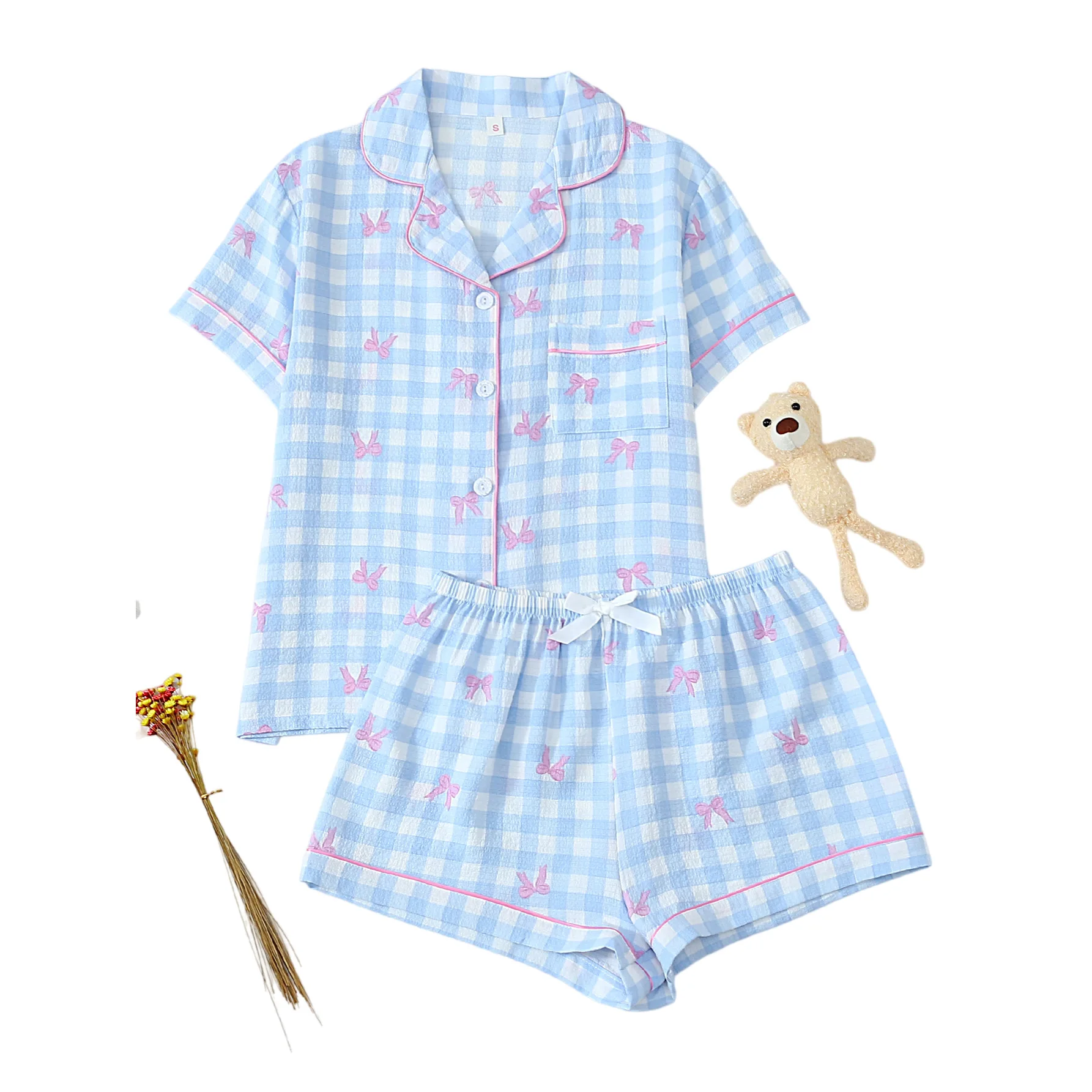 2026 bubble wrinkled cardigan pajamas women's short-sleeved shorts cross-border loungewear set