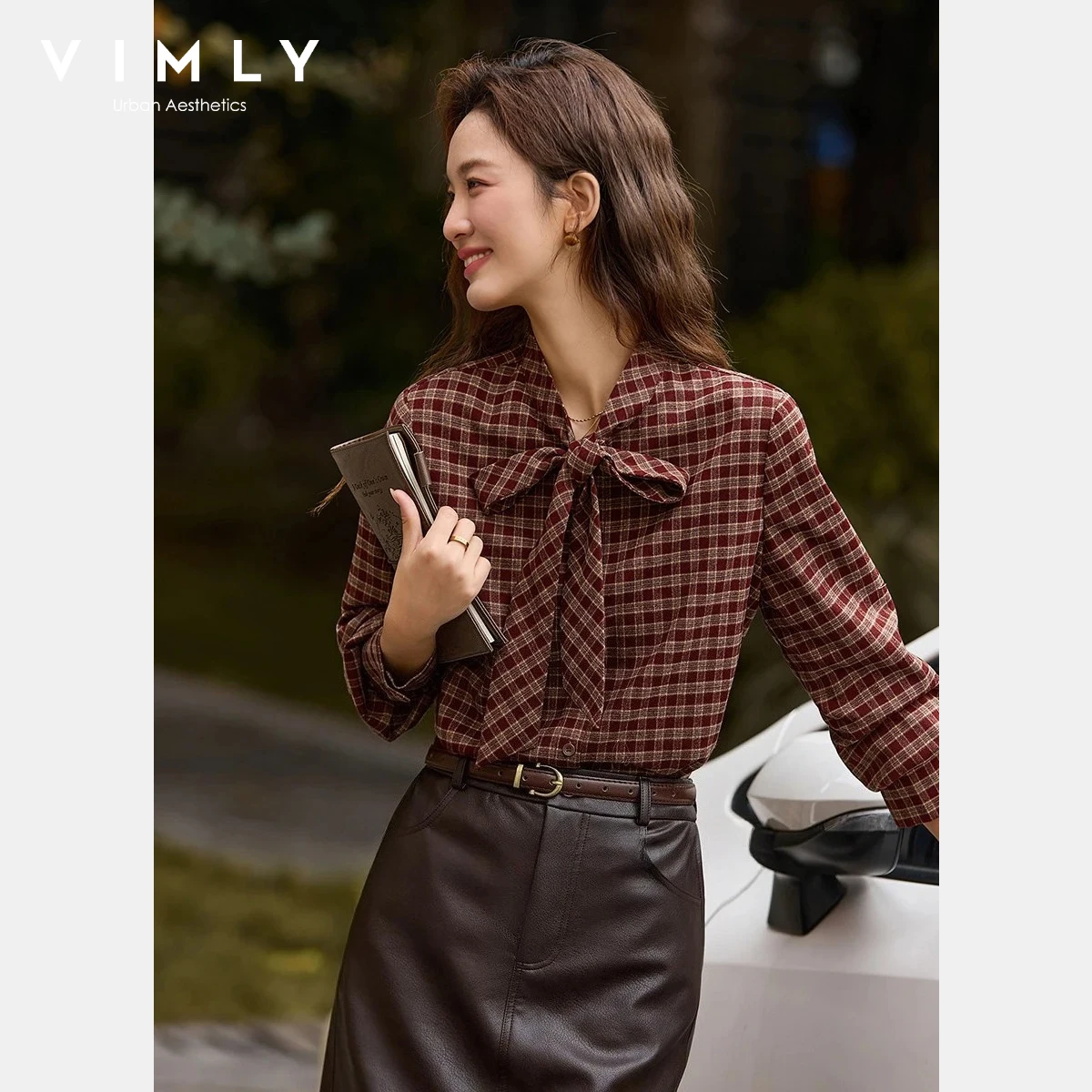 

VIMLY Vintage Women's Shirt Winter 2025 Brown Ribbon Collar Single-breasted Plaid Shirt Elegant Long Sleeve Ladies Tops A3667