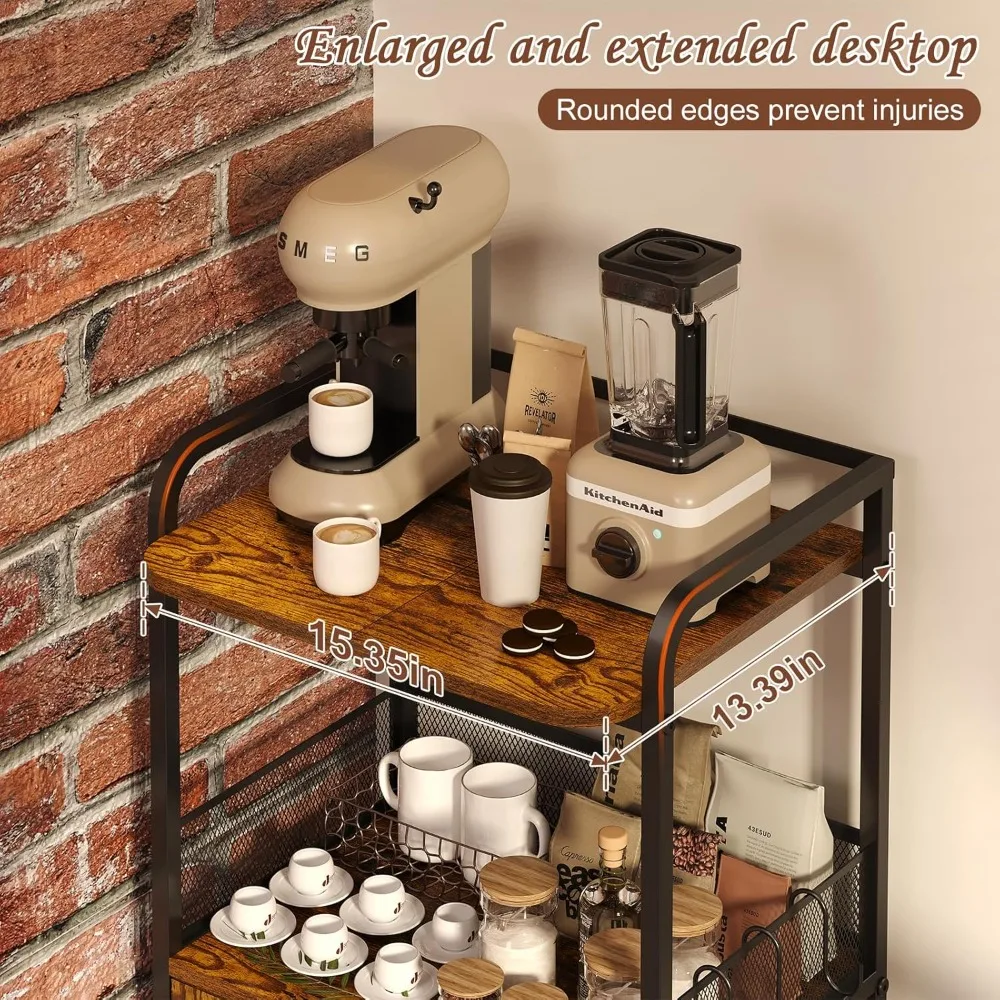 Coffee Cart, 3 Tier Coffee Cabinet with Storage, Small Coffee Station with 2 Doors, Movable Bar Cart with 4 Casters for Home Kit