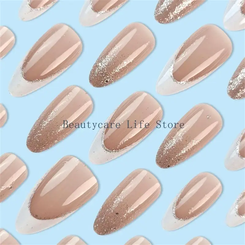 652C Medium Length Artificial Nail Press On Nail Sparkling Full Cover Stick on Nail White French Tip False Nail for Woman
