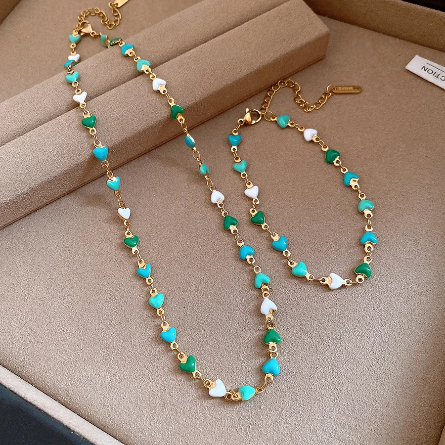 

Resin Enamel Minimalist Fashion Heart Necklace Bracelet Classic Style Stainless Steel Collarbone Chain Gift