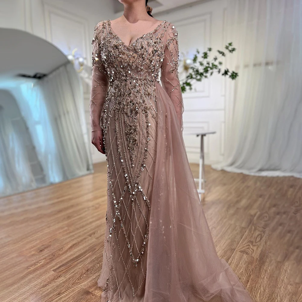 Elegant Serene Hill Turquoise High Split Meramid Long Sleeves Evening Dress with Beaded Customize