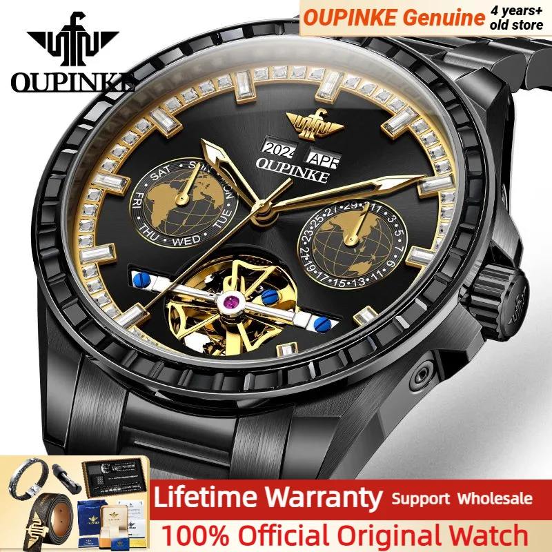 

OUPINKE 3280 Automatic Mechanical Watch for Men Golden Diamond Wristwatch Multifunctional Hollow out Waterproof Men Watches