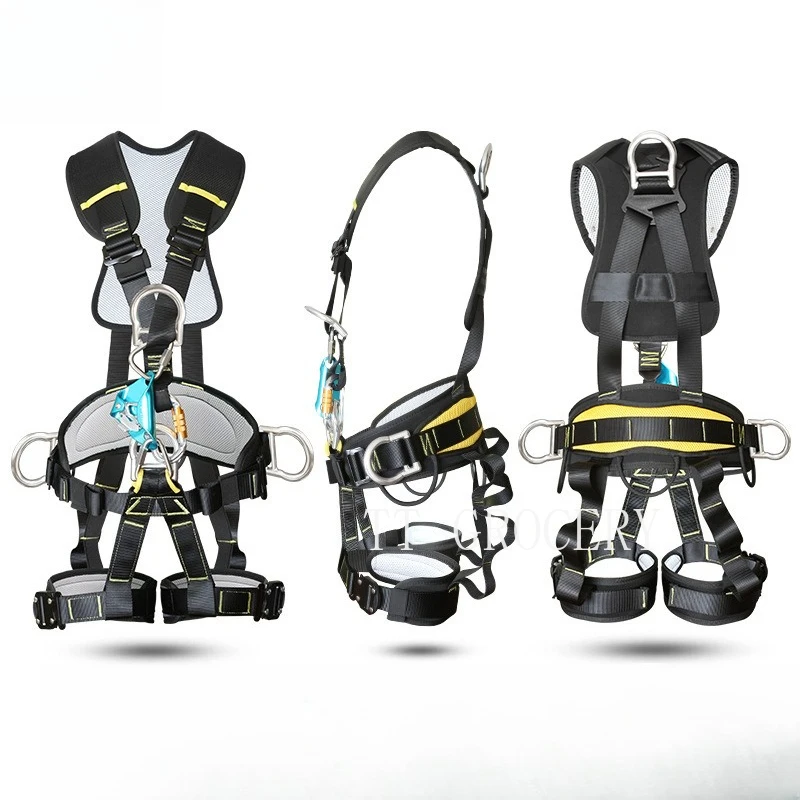 Full-Body 5-Point Safety Harness with Dual-Hook Fall Protection Lanyard for Outdoor Rock Climbing High-Altitude Electrical Work