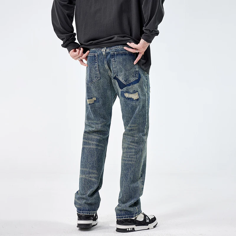 

8632 American style hole patched jeans men's tide washed loose street splash of paint straight trousers men