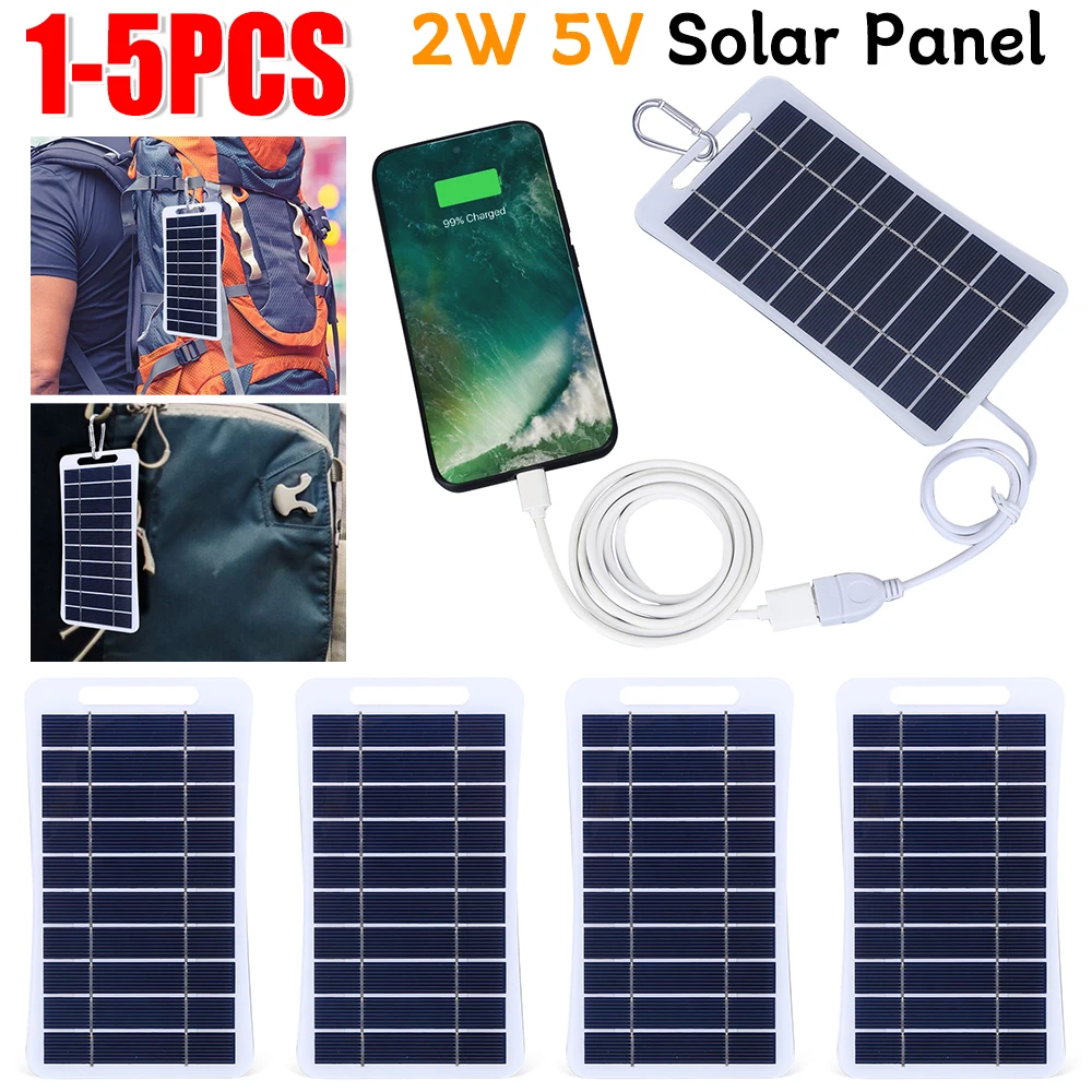 2W 5V Portable Solar Panel USB Battery Charger Small Power Station Waterproof Phone Power Bank for Camping Backpacking Hiking