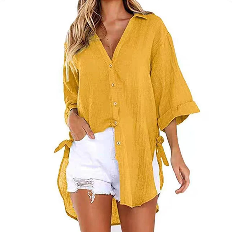 2024 Lace-up Irregular Shirts And Blouses OL Elegant Blouses For Women Summer Solid V-Neck Half Sleeve Causal Mid-length Loose