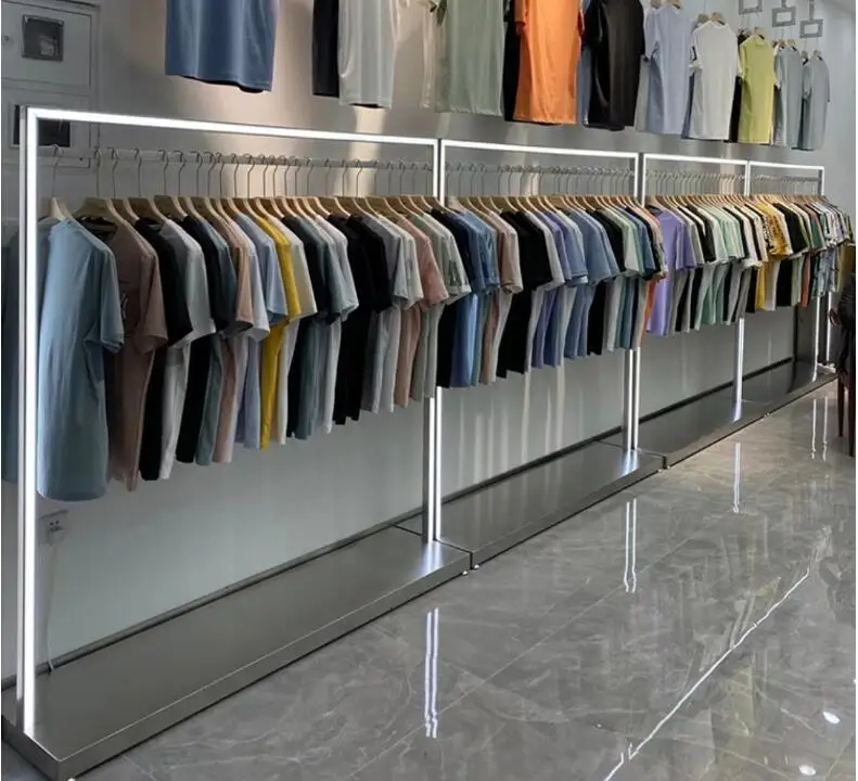 

Stainless steel middle island rack hangers with lights luminous clothing shelves high-end customization