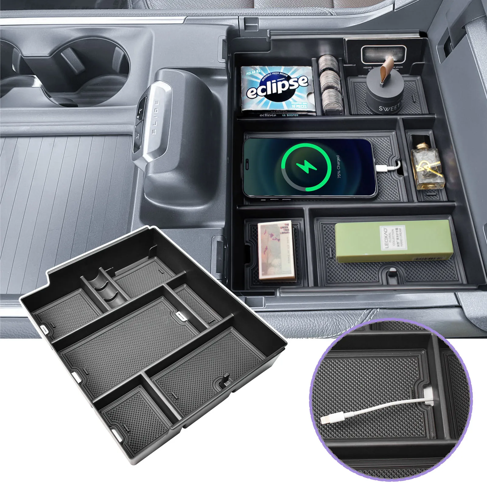 

HGWEI For 2025 Ford Expedition Center Console Organizer Armrest Storage Box Tray Interior Coin Phone Holder Car Box Accessories