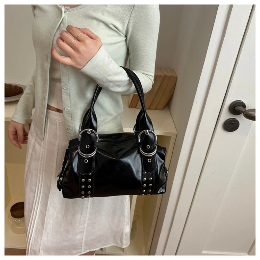 Korean Style Original Niche Unique Rivet Handheld Bag Women's Large Capacity Commuting Fashion Y2K Motorcycle Shoulder Bag
