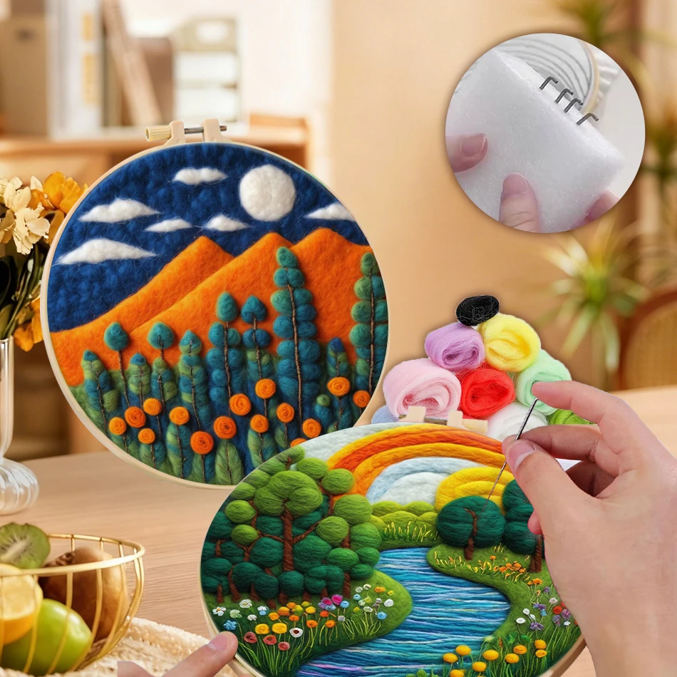 

GATYZTORY Wool Felting Kit Scenery Landscape Crafts supplies adults Handicraft Felt Sewing Kit Wool Burlap Set Embroidery Frame