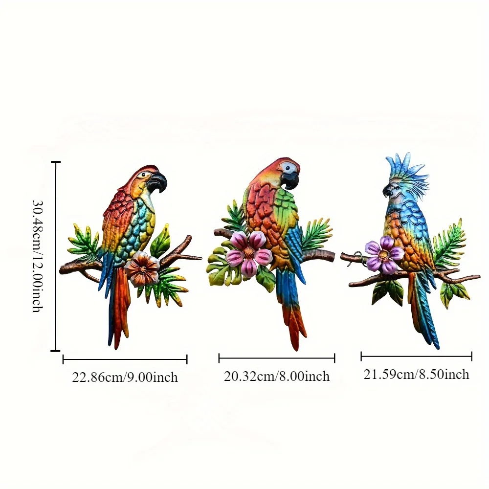 3 Pcs Metal 3D Colorful Parrot Tropical Outdoor Wall Art Decoration, Hanging Sculpture for Garden Fence, Patio, Living Room