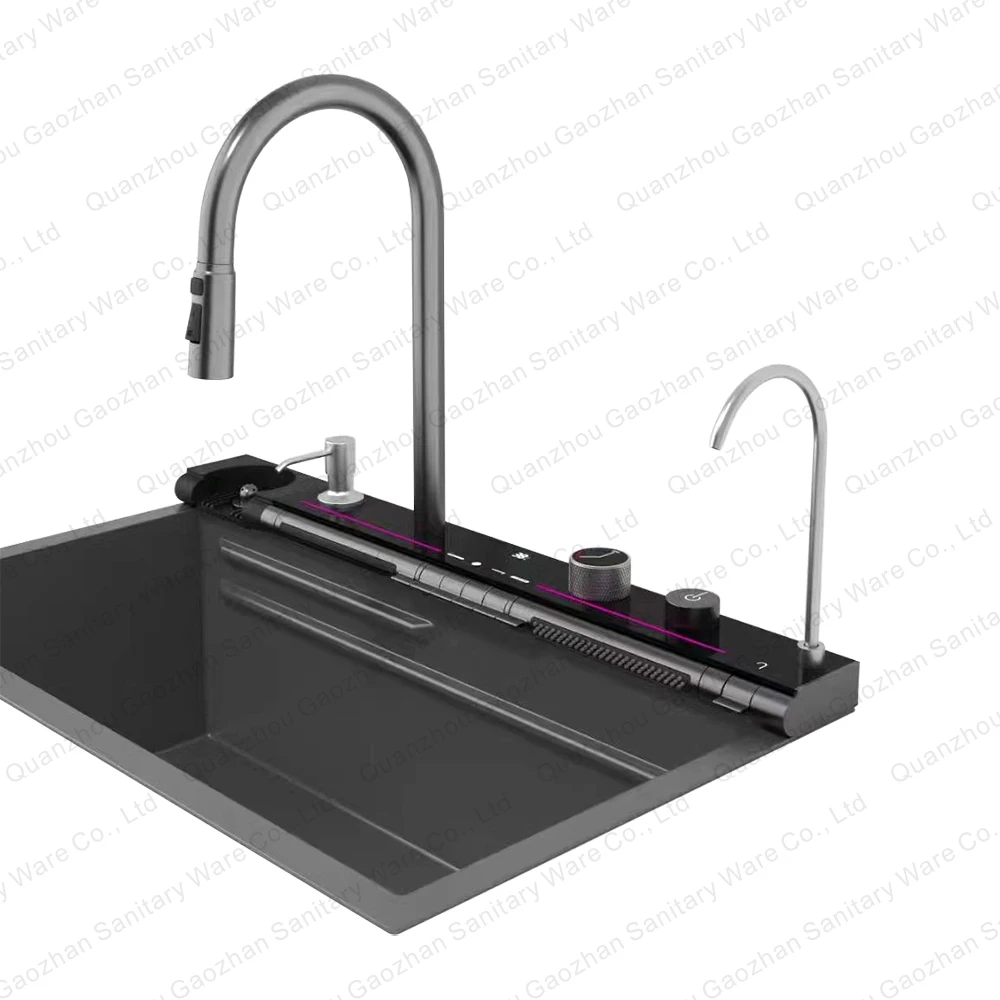 

Latest Version Anti-Scratch LED Digital Display Waterfall Kitchen Sink With Cup Washer and Soap Dispenser