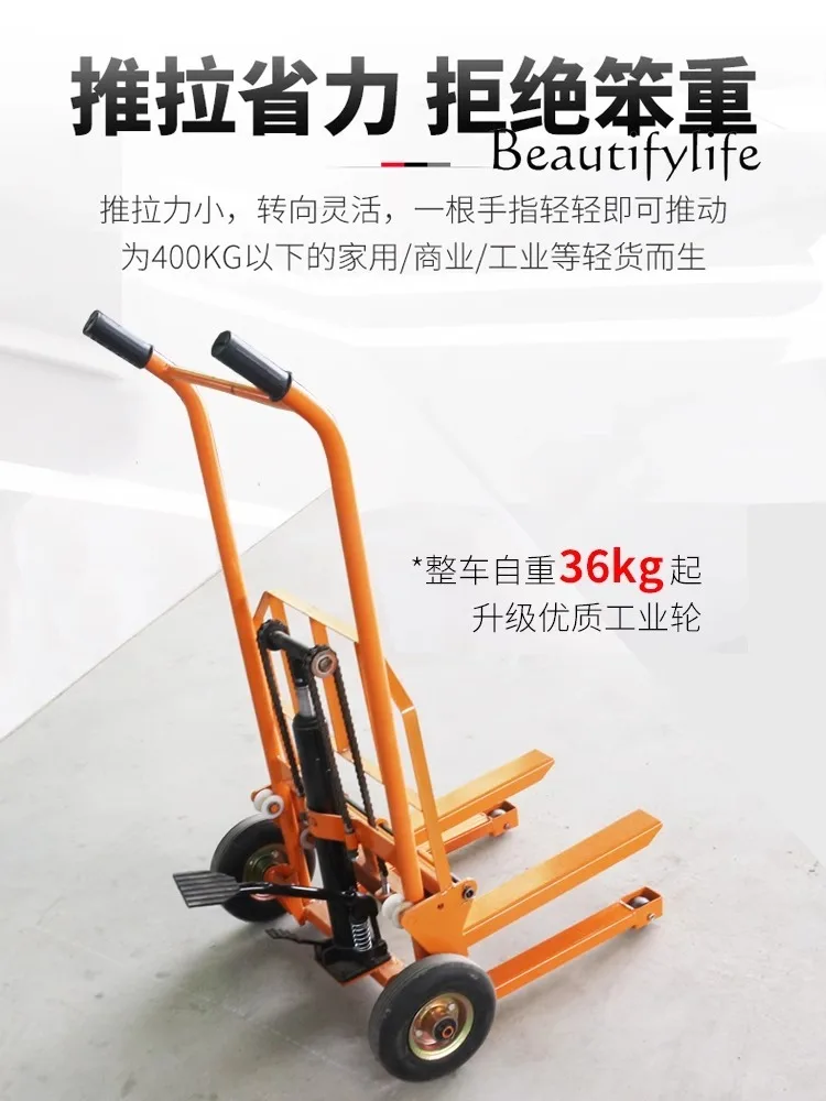 Hydraulic lift forklift handling manual mini stacker small flat universal wheel loading and unloading truck