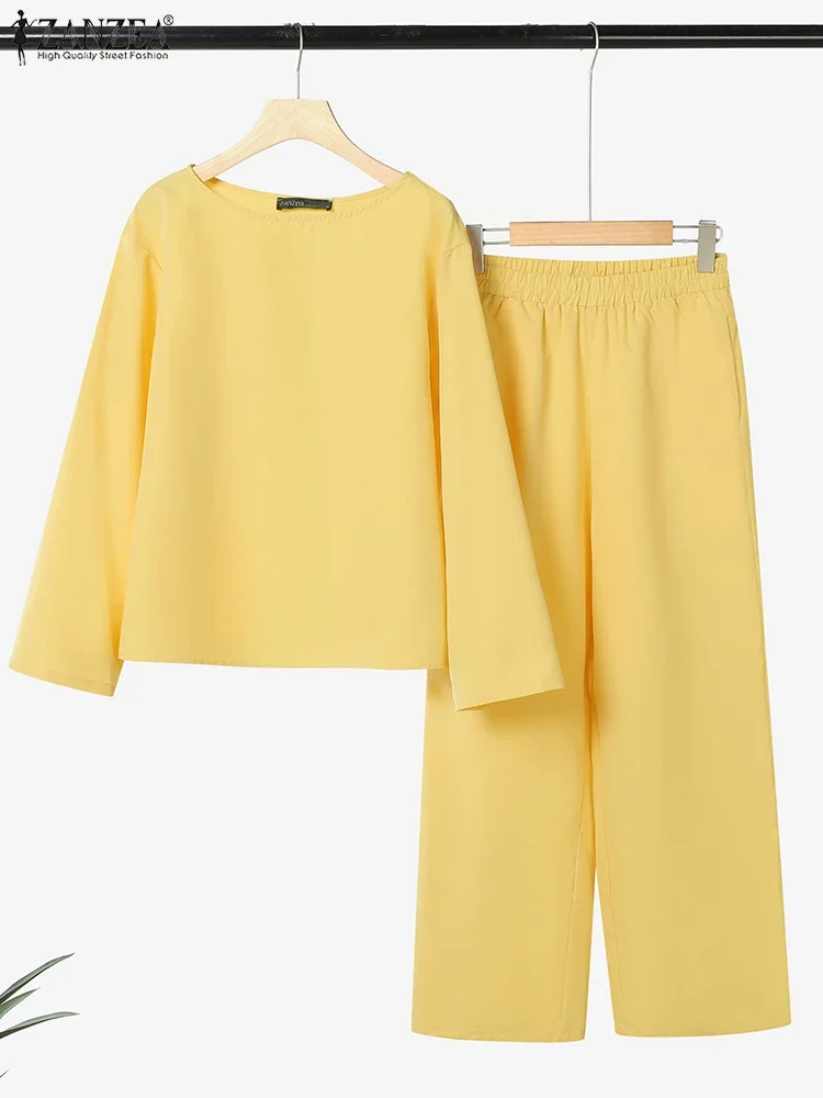 

ZANZEA Women Autumn Pant Sets 2025 Vintage Two-piece Outfits Long Sleeve Tops and Wide Leg Pants Casual Solid Color Loose 2pcs