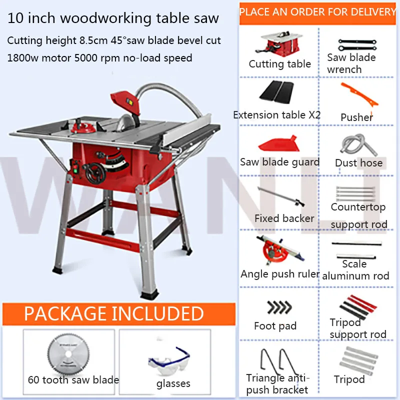 10 Inch Desktop Cutting Machine Wood Cutting Machine 220V/1800W Woodworking Sliding Table Saw Electric Saw Cutting Board Tool