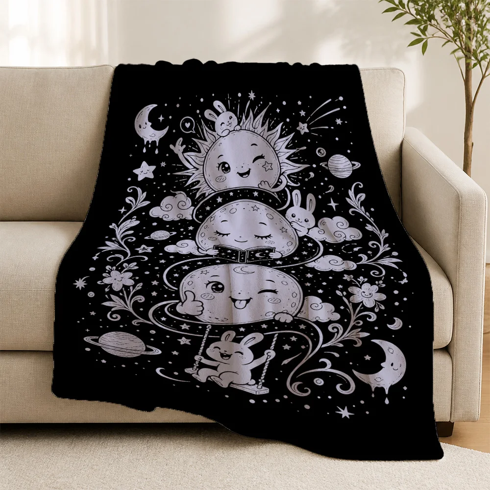 Cute Celestial Star Moon Sun Cartoon Throw Blanket for Sofa Couch Cozy Home Decor Nursery Kids Bedding Gift Whimsical Zodiac Des