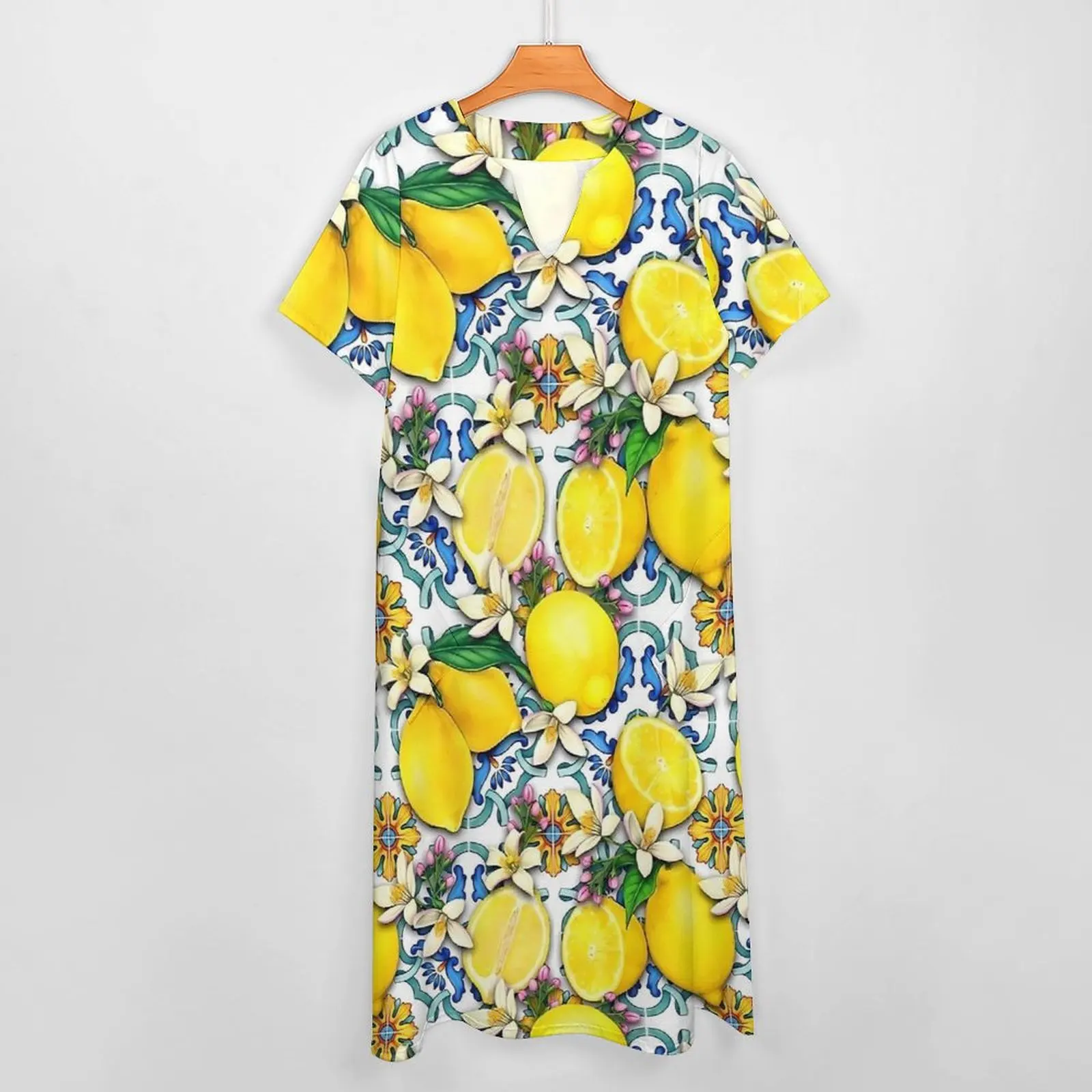 Sicilian Tiles with Citrus Lemon Dress Vintage Maxi Dress Short Sleeve Graphic Boho Beach Long Dresses Oversized Clothes