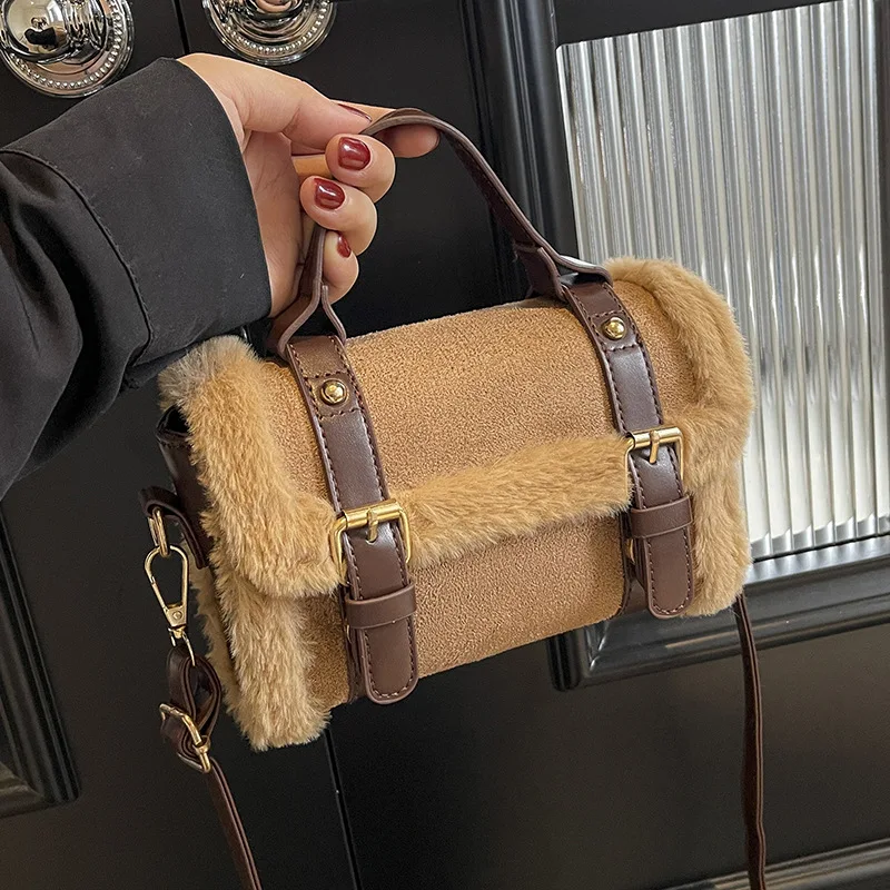 

Brand Suede Square Bag Magnetic Buckle Flip Suede Shoulder Bag Belt Buckle Design Splicing Crossbody Bag Women Commute Pillowbag