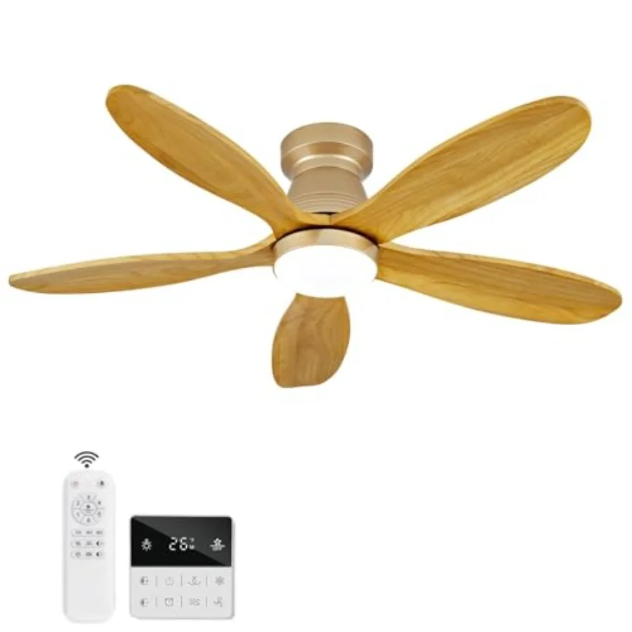 42 Inch Flush Mount Ceiling Fan with Light and Remote Dimmable Wall Switch 5 Blades Wood Finish Low Profile Indoor Outdoor Mode
