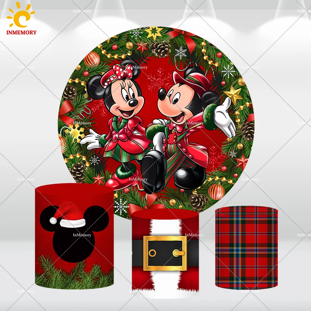 Red Christmas Party Decoration Round Backdrop Cover Minnie Mickey Mouse Birthday Circle Background Photography Cake Table Banner