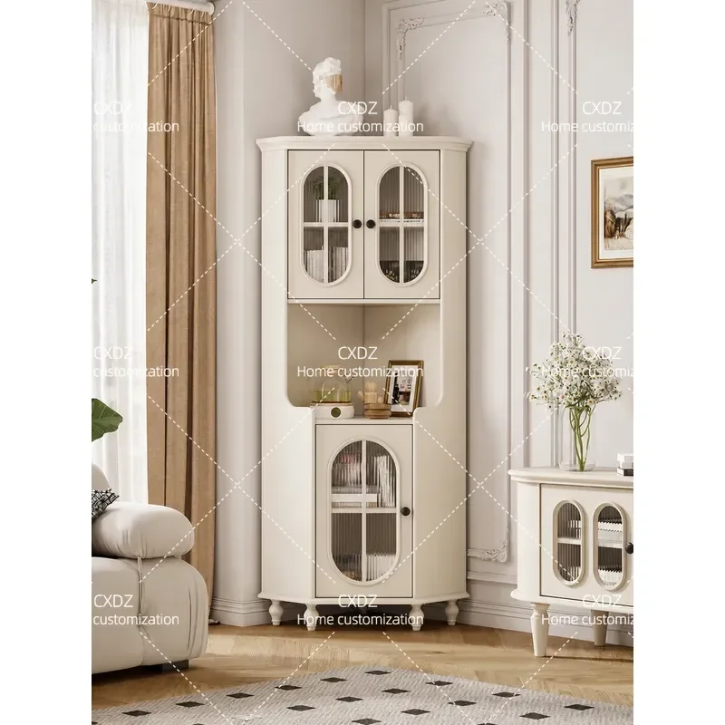 French Cream Style Solid Wood Corner Cabinet Small Apartment Tea Storage Rack Living Room Wall Mounted Triangular Dining