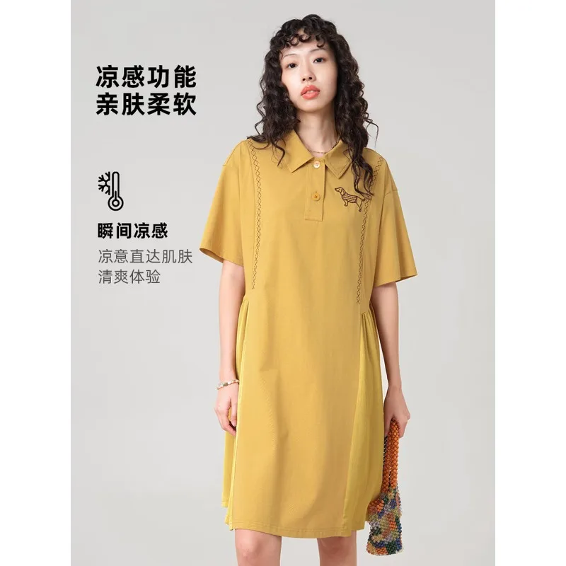

MOVEUP Short Sleeved Polo Collar Dress 2026 Summer New Fun Embroidered Pocket Splicing Side Swing Office Knitted Dress 3ELX11319