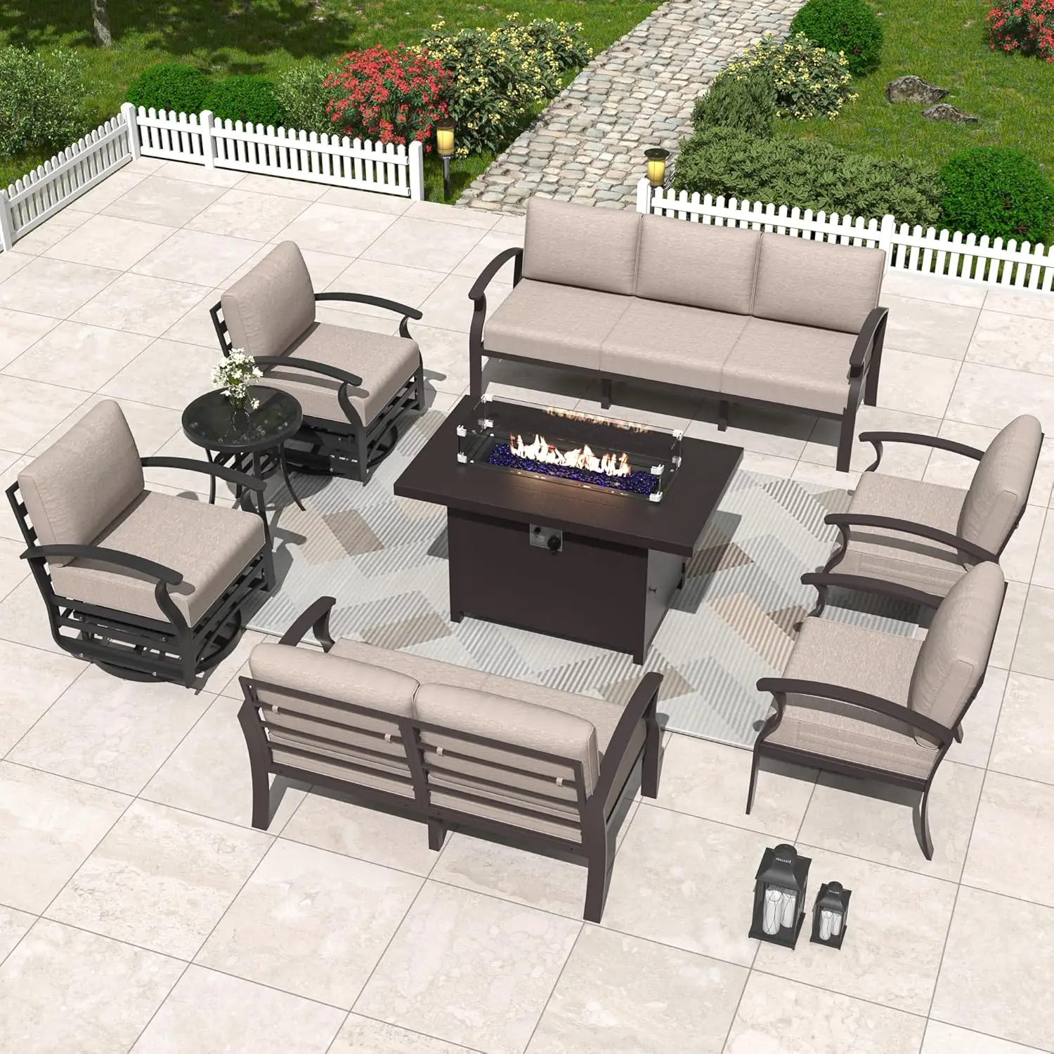 

Aluminum Patio Furniture Set,8 Piece,w/43in Gas Fire Pit Table,Outdoor Metal Sectional Sofa with 55000 BTU Propane Fire Pit,Sand