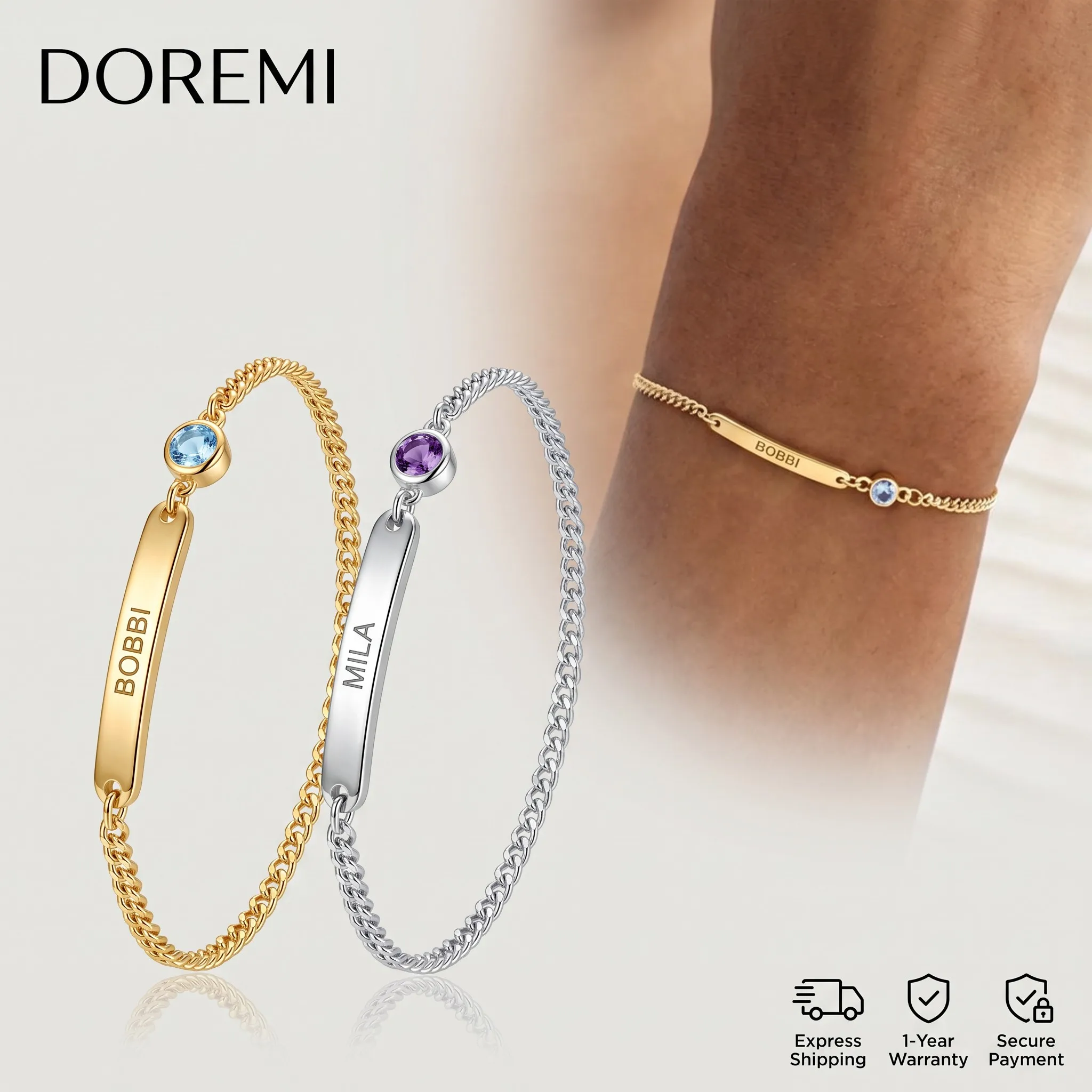 DOREMI Waterproof Tarnish Free Stainless Steel Custom Name Bracelet Birthstone ID Bar Curb Link Chain Personalized Gift bracelet