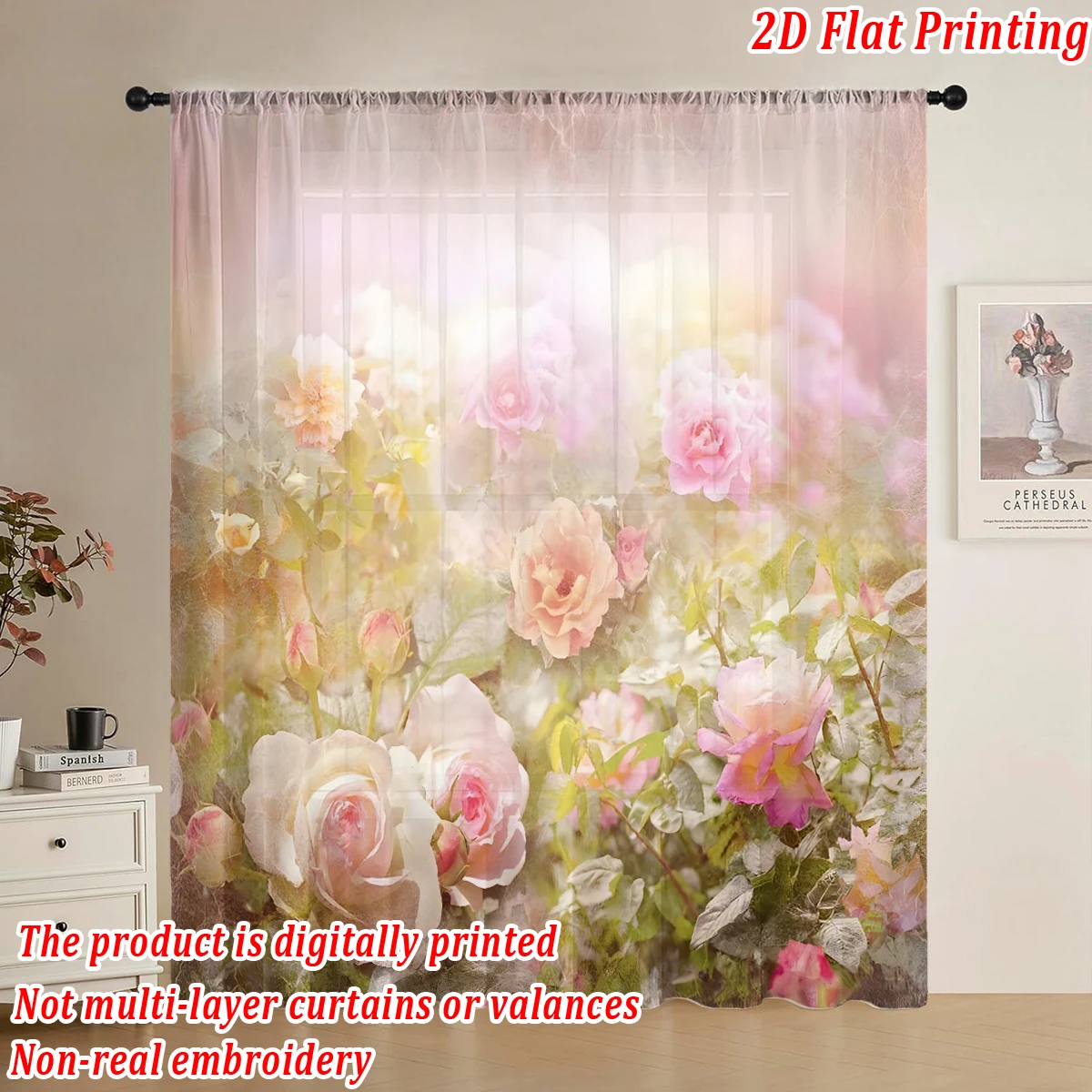 ستارة شفافة بطباعة مسطحة على شكل زهور ملونة، قماش خفيف، لغرفة المعيشة وغرفة النوم وديكور المنزل والنافذة