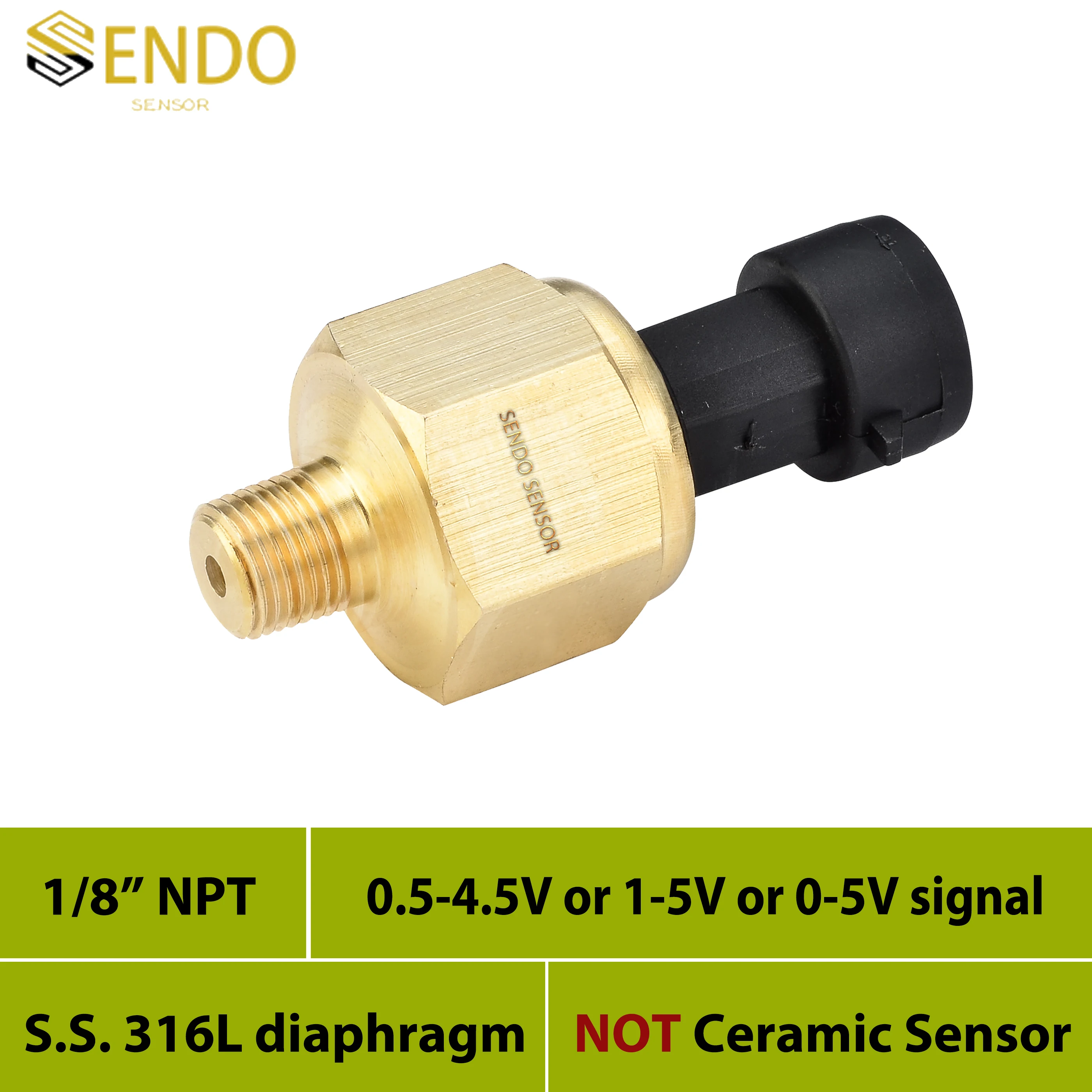 Water oil pressure sensor 50psig 150 psig 16bar gauge DC 5V or 12V 0.5 4.5V 0 5V 1 5V output AISI 316L diaphragm brass housing