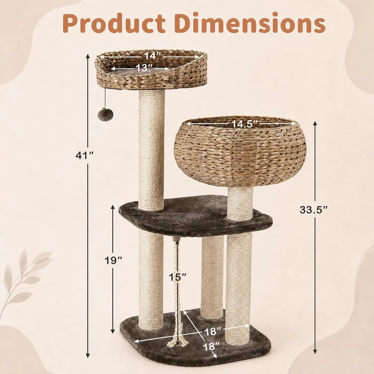 41 Inch Multi-Level Cat Tree with 5 Sisal Scratching Posts, Hand-Woven Water Hyacinth Tower, Top Perch & Dangling Ball for Indoor Cats