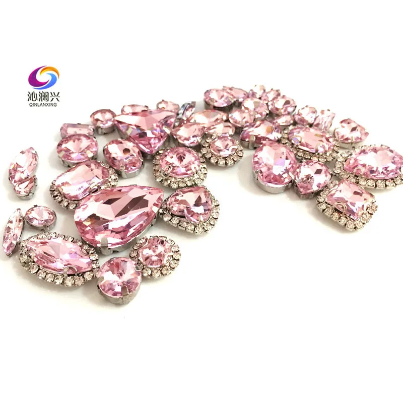 Pink Color Mix Size Crystal Buckle+claw Rhinestone,Silver Base Galss Sew on Stones Diy/Clothing Accessories 50pcs/pack