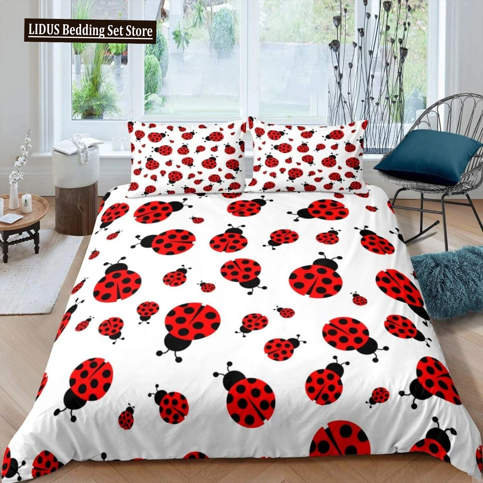 Ladybug Duvet Cover Set 3D Ladybug Printed Bedding Set For Boys Girls Flying Entomology 2/3pcs Soft King Size Quilt Cover