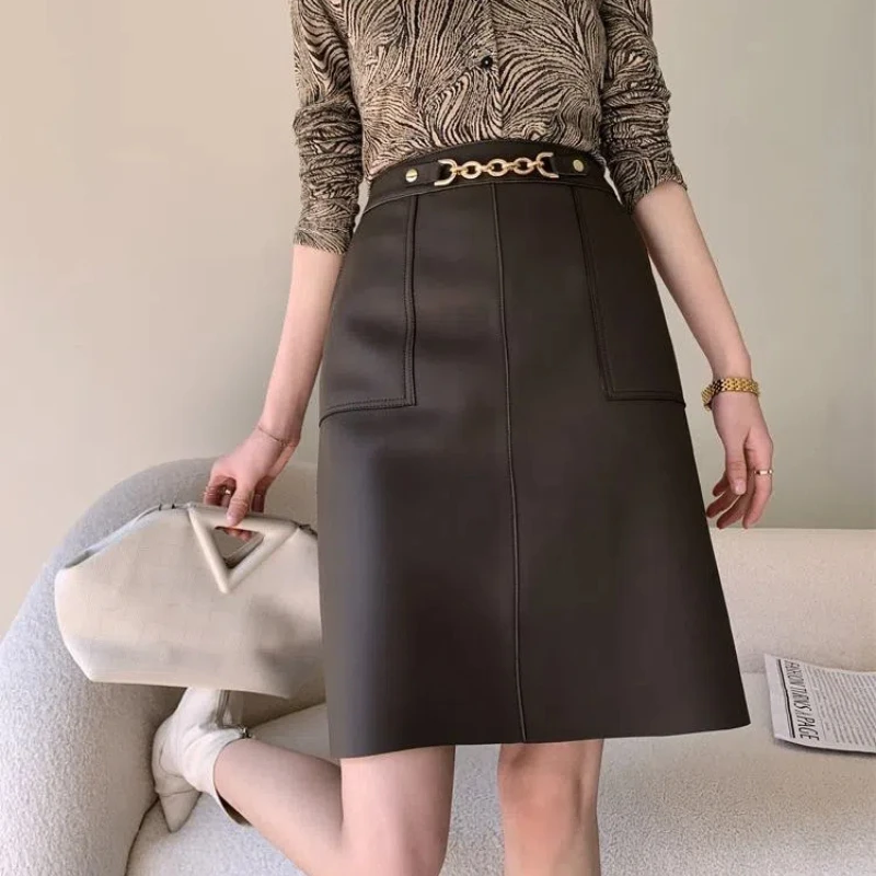 New Autumn and Winter Women's Solid Colors High Waist Loose PU Leather A-Line Pockets Vintage Fashion Commuter All-match Skirt