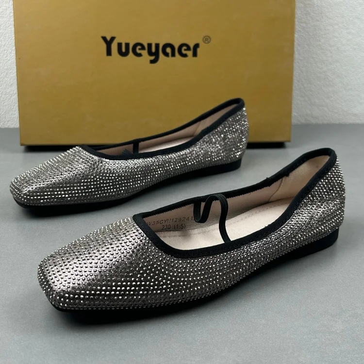 ファッショナブルなレトロバレエフラットシューズ女性用スクエアヘッドメリージェーンダイヤモンド装飾スリッポンカジュアルシューズ春シーズン