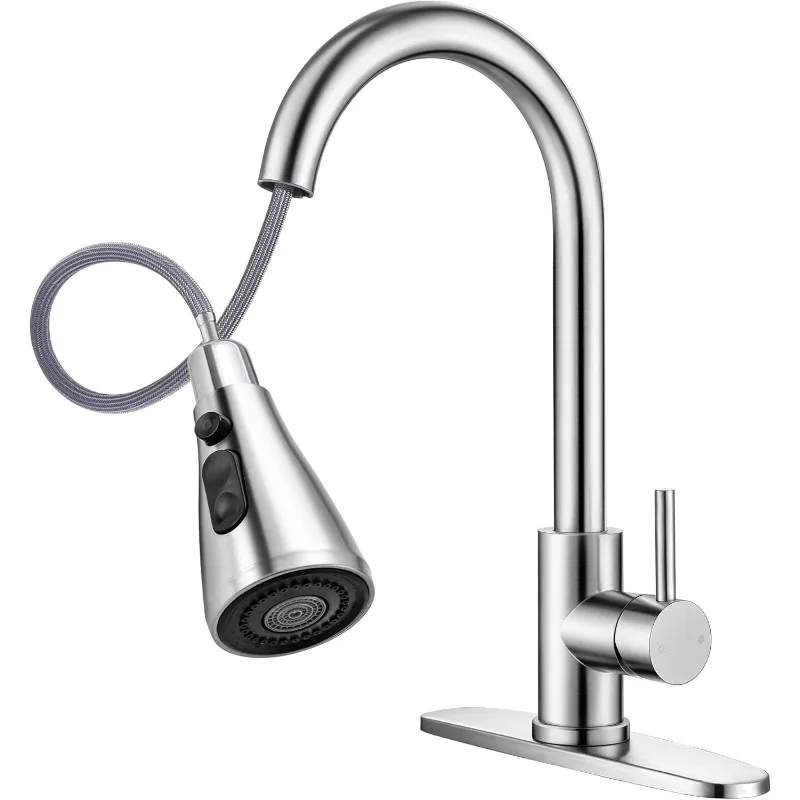

Modern Kitchen Faucets with 3 Modes and Pull Down Sprayer, Brushed Nickel Stainless Steel High Arc Single Handle