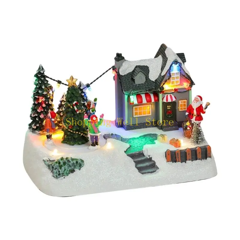 KX4B LED Light Christmas Village Scene with Rotating Figure Collection Figurines