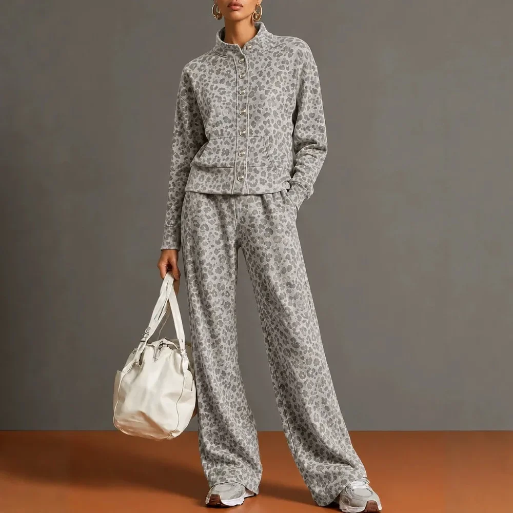 2026 Fall Winter Women Retro Leopard Print Stand Collar Single Breasted Jacket Wide Leg Pants Casual Suit