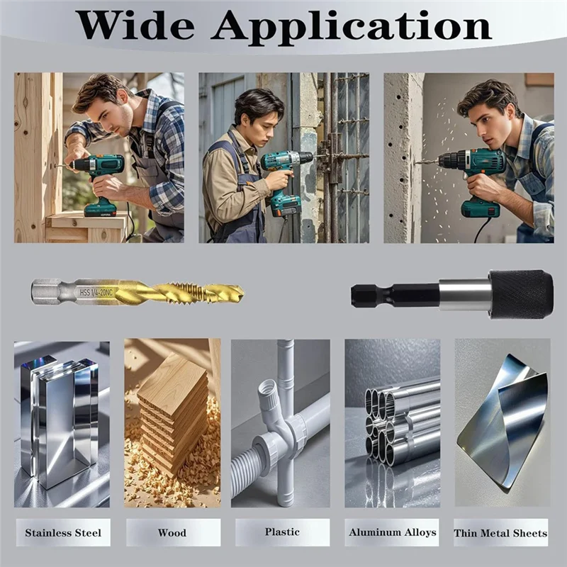 

Набор сверл с быстросменным адаптером из 13 шт., 6 размеров SAE, 6 метрических размеров, набор комбинированных сверл и метчиков-AA70