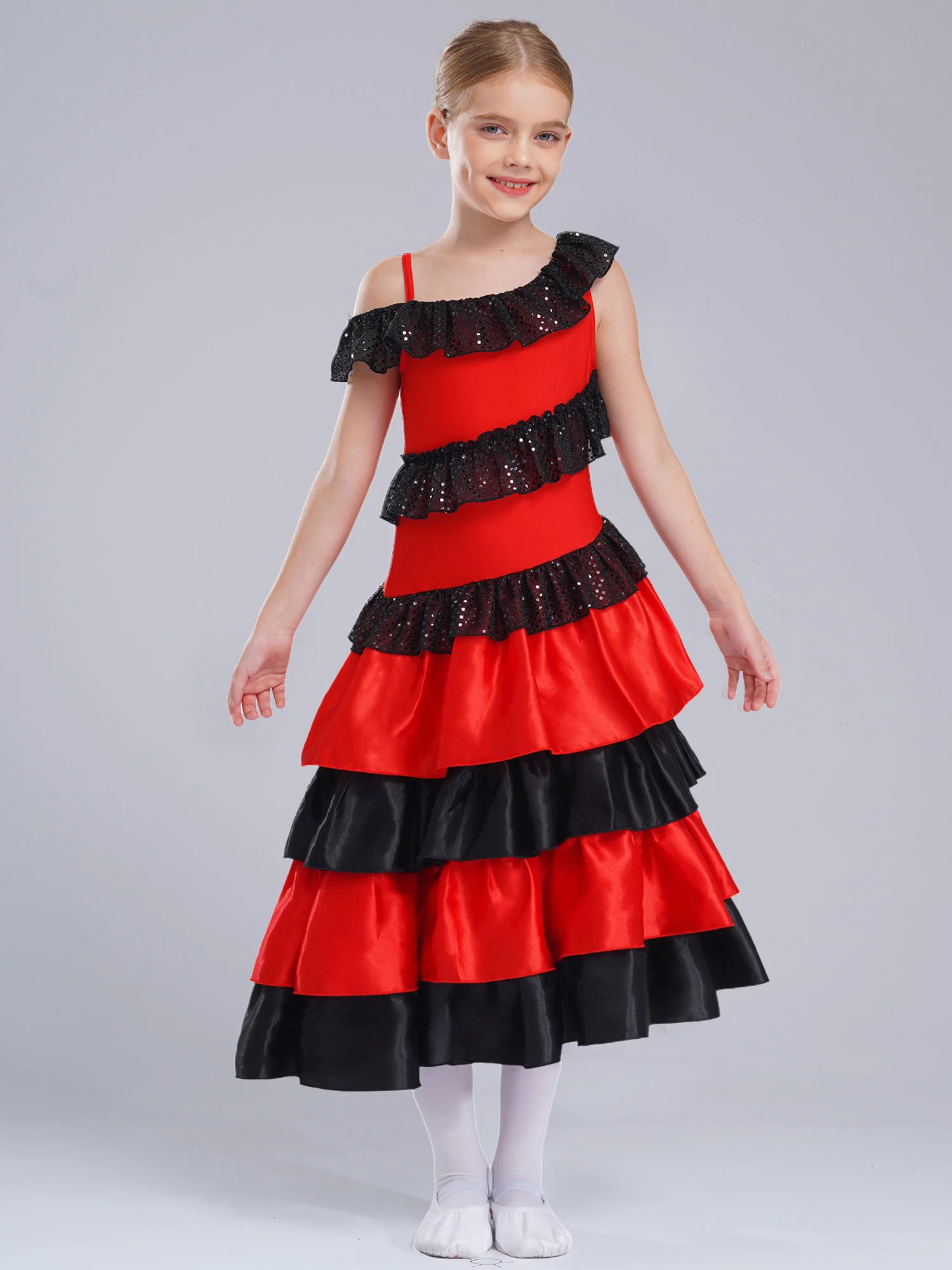 Ragazze con spalle scoperte Design a blocchi di colore Abbigliamento da ballo spagnolo Gonna tutu Abiti folklorico Abiti classici per la pratica della sala da ballo del Flamengo