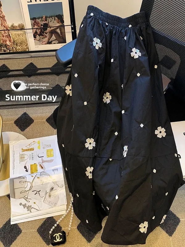 

plus Size Women's Daisy Print Elastic Waist Midi Skirt Summer Loose Fashionable A-Line Skirt High Waist Printed Skirt