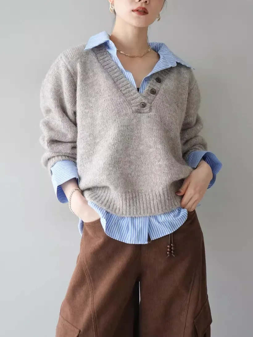 เสื้อถักสไตล์เกาหลีญี่ปุ่นลายทางต่อผ้าสำหรับผู้หญิง ทรงหลวม ใส่ได้ทั้งฤดูใบไม้ผลิและฤดูใบไม้ร่วง แขนยาว ระบายอากาศได้ดี