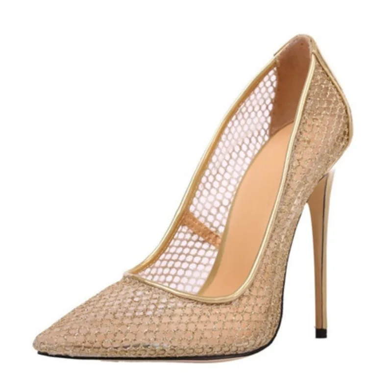 

2025 Thin Heel Pumps Women Black Gold Color High Heels Woman New Pointed Toe Mesh Club Models Shoes Big Size
